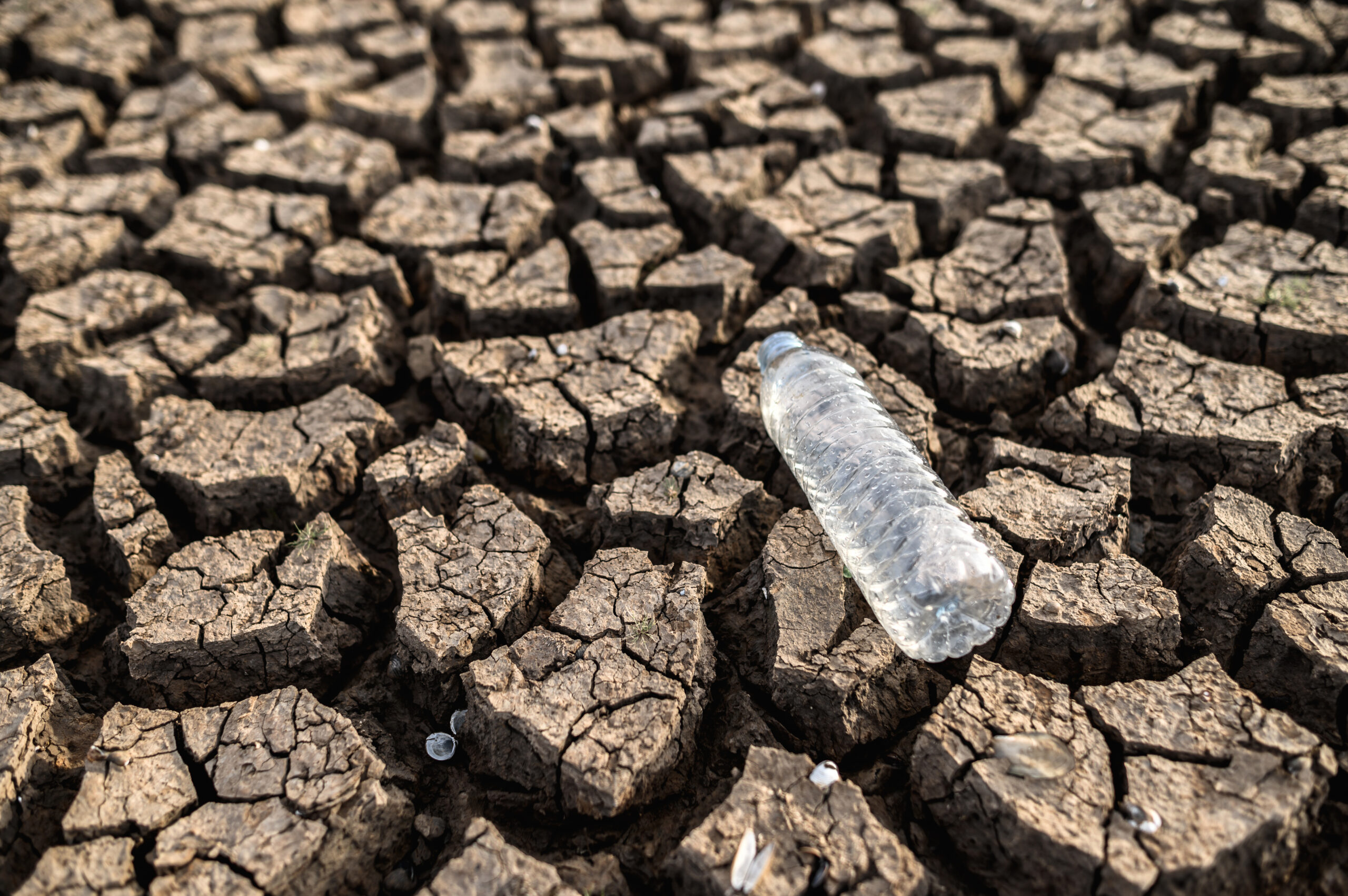 Water bottles on dry soil with dry and cracked soil,global warmi